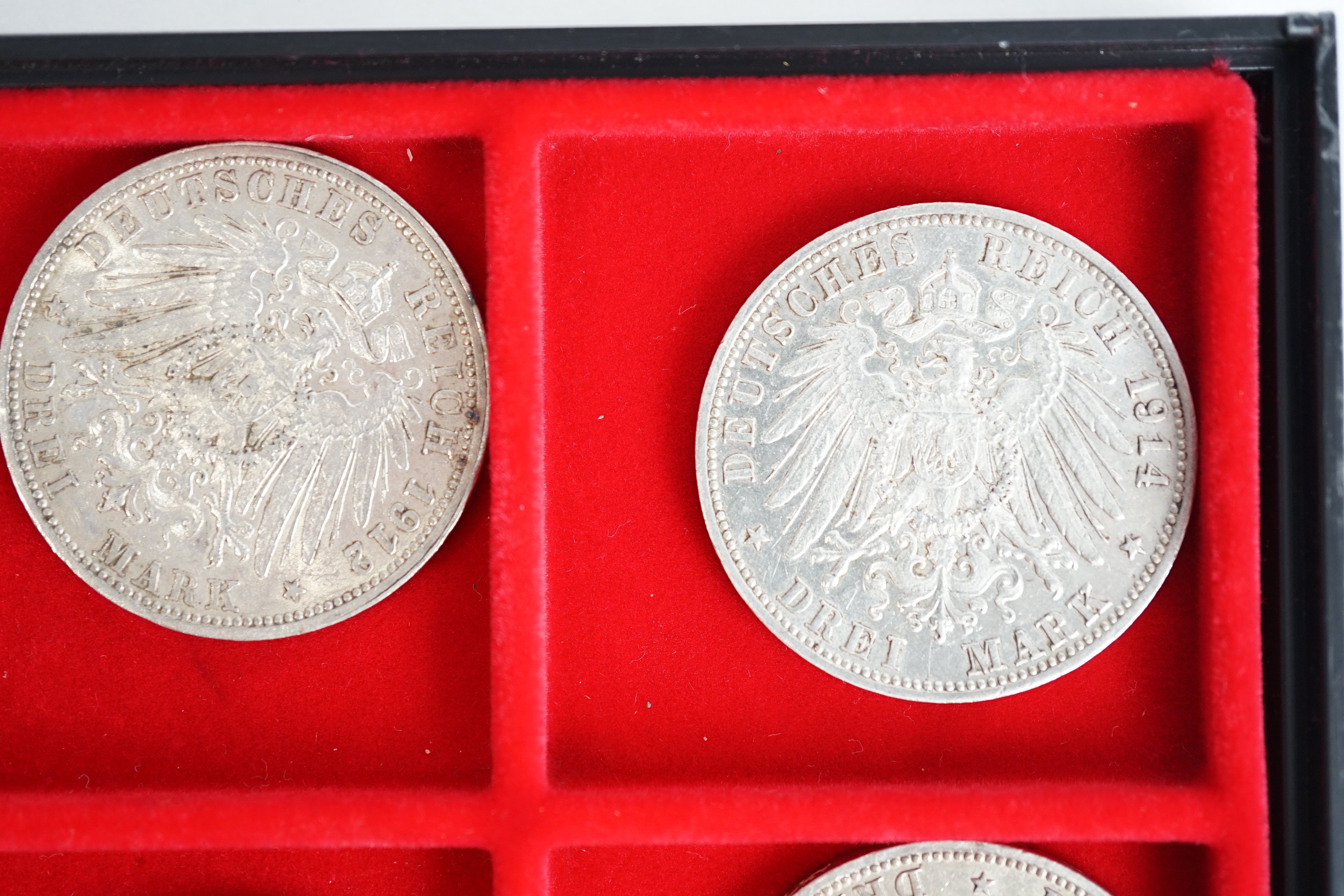 German states, silver coins, including Kingdom of Prussia, 3 mark coins, 1908A, VF, two 1909A, VF, 1910A, VF, Kingdom of Württemberg 3 mark coins, two 1912F, VF, 1914F, good VF, Grand Duchy of Baden, 3 mark, 1914G, VF, f